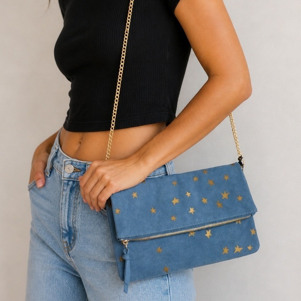 Moda Luxe NEW North Clutch Blue Vegan Suede Metallic Gold Star Crossbody